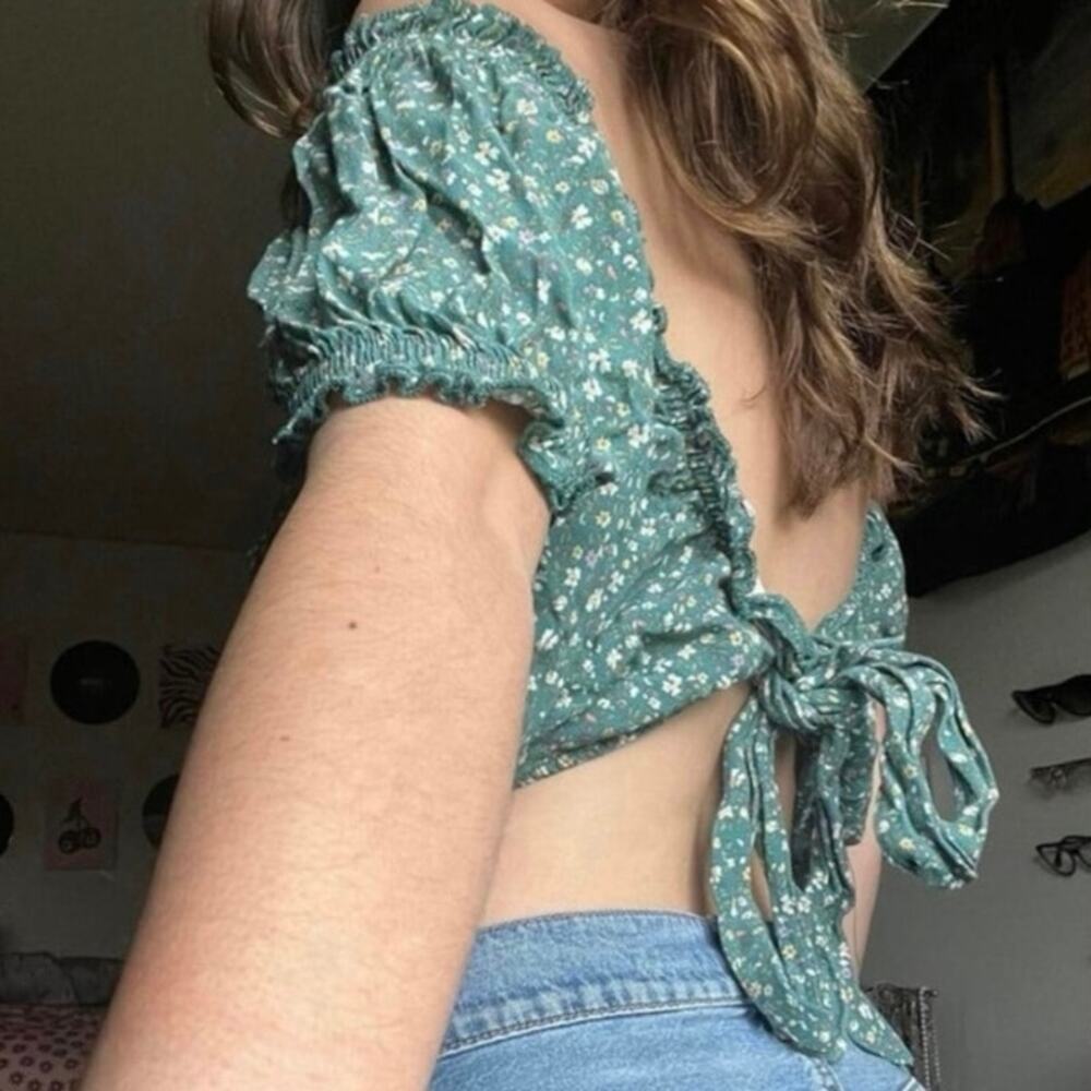American Eagle Floral Open Back Tie Crop Top Puff Sleeve Green XS Boho
